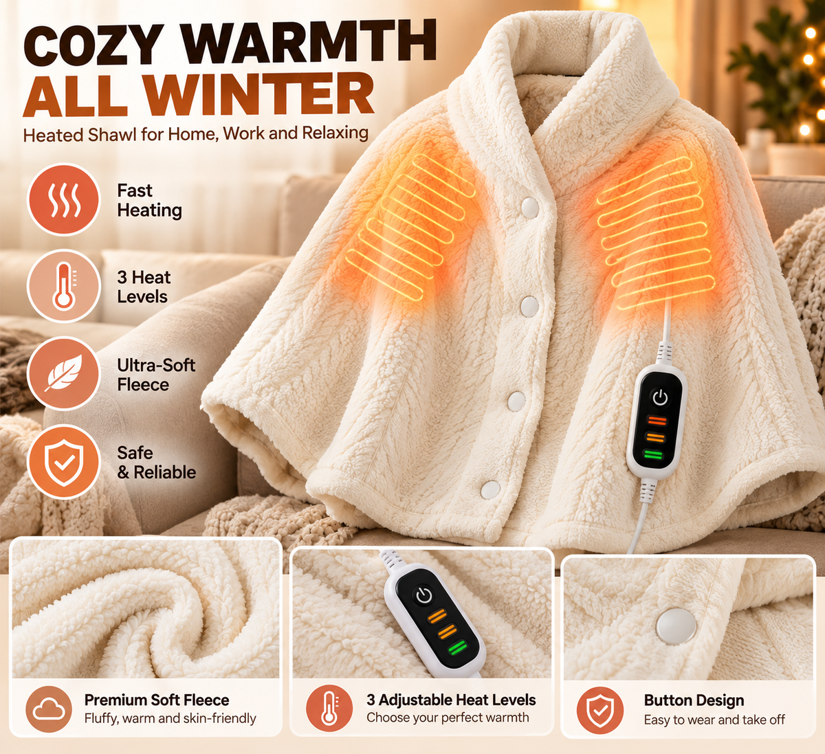 🔥 Wearable Heated Zip-Up Blanket – Ultra-Soft Cozy Winter Shawl