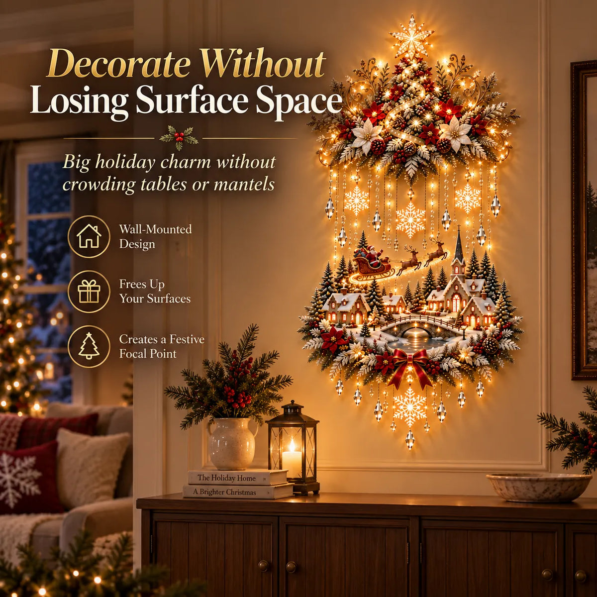 ✨ Illuminated Christmas Tree & Village Wall Hanging | Cascading Warm Lights for Living Rooms, Entryways & Staircases