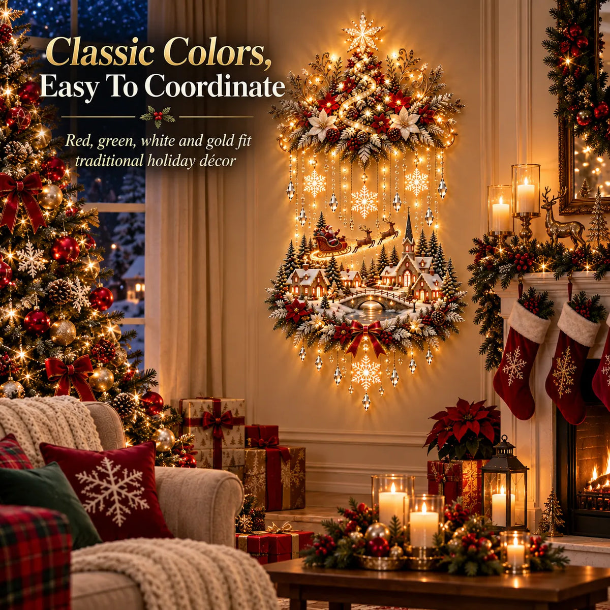 ✨ Illuminated Christmas Tree & Village Wall Hanging | Cascading Warm Lights for Living Rooms, Entryways & Staircases